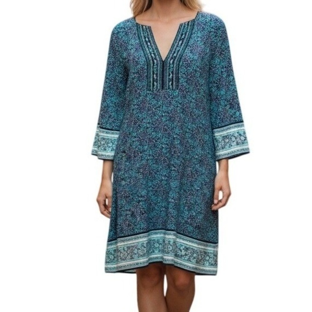 WHITE HOUSE BLACK MARKET Teal Navy White Floral Paisley Stretch Shift Dress S